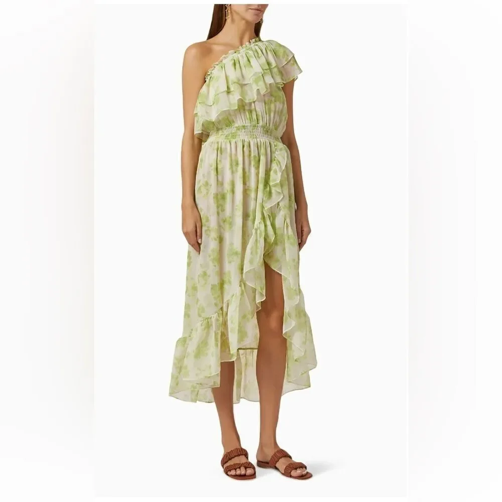 MISA Rumi MIDI Revolve Chiffon One Shoulder Dress in Honeydew Large NWT